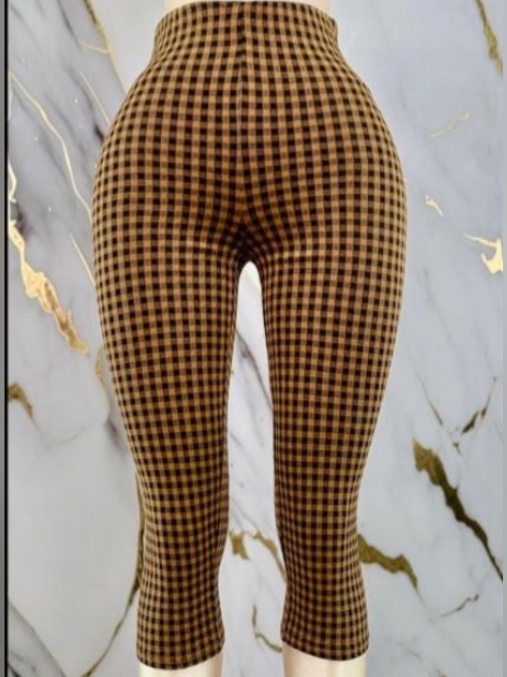 High-Rise Brown Plaid Capri Leggings